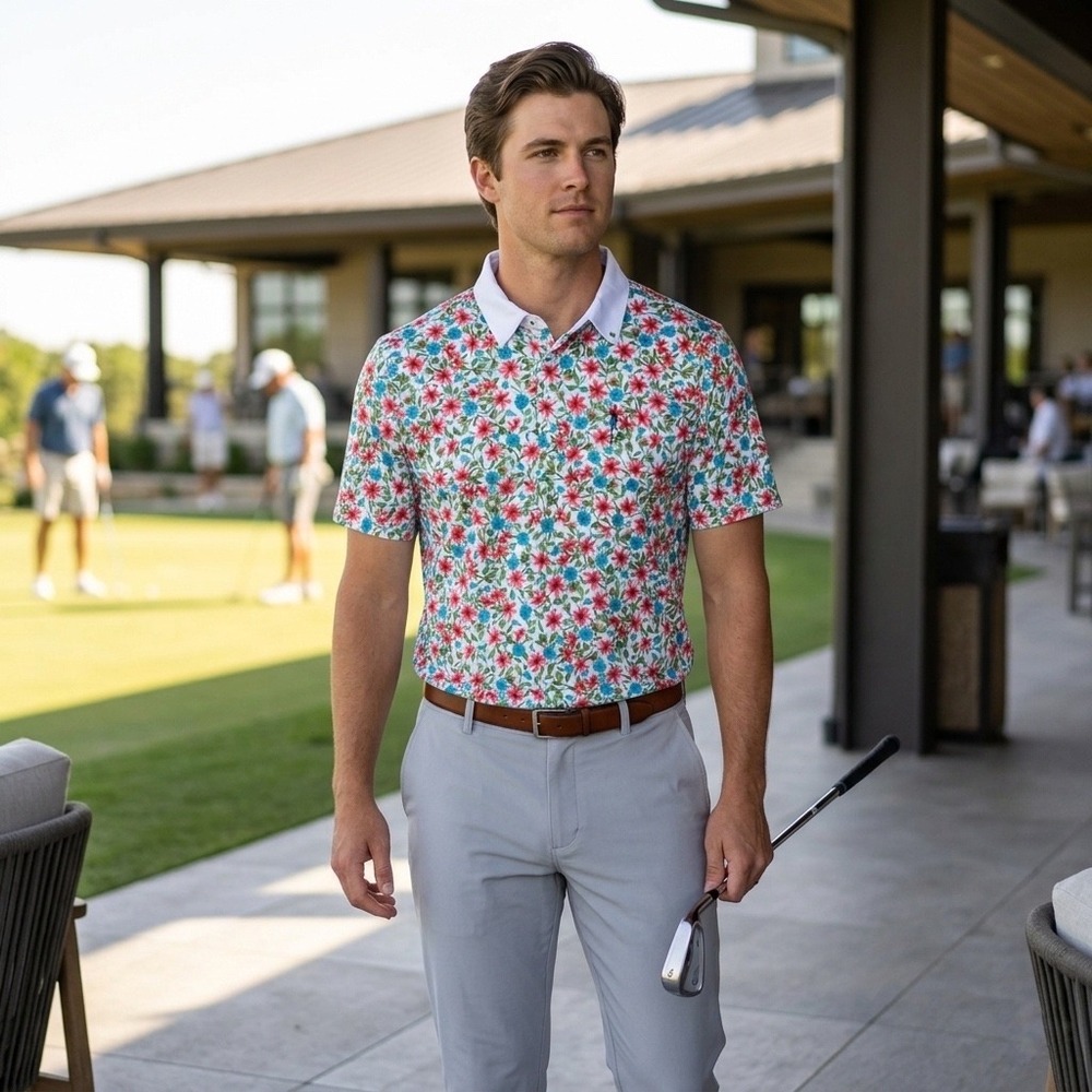 William Murray Golf Polo Mens Large Floral Venus Flytrap Performance Shirt White